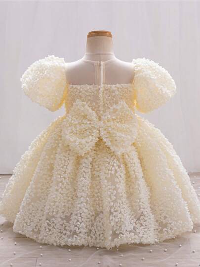 Champagne 3D Floral Flower Girl Dress, Exquisite And Beautiful, Suitable For Birthday Party, Wedding, Stage Performance And Other Occasions