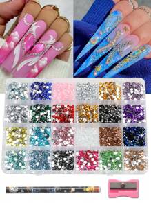 24 color Accesorios de uñas: 3D Nail Charm Diamante acrílico negro, Suministros de uñas de resina, Gema de uñas Multicolor AB, Piedra Rhinestone adecuada para decorar uñas, ropa, teléfonos móviles, tela, madera, papel y talla grande, Kit de herramientas de 6000/3000A