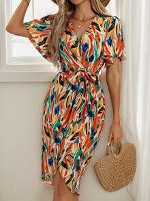 1pc Women's Mid-Length Floral Print Short Sleeve Dress, Summer New Arrival Ladies V-Neck Ruffle Sleeve Elastic Waist Slit Midi Dress