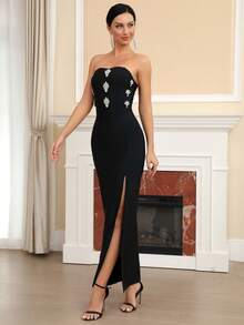 Modphy New Sexy Strapless Luxury Diamond High Slit Maxi Bandage Dress, Elegant Celebrity Evening Gown For Formal Party And Holiday - Black - View 6