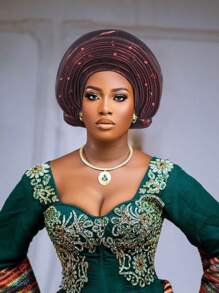 欧美复古英式毛毡头带帽，女士教堂德比帽，饰有花朵，柔软贝雷帽，优雅串珠非洲汽车凝胶头带，手工分层闪亮面料头带，波西米亚风格传统婚礼和派对特殊场合头饰，睡帽 - 尼日利亞頭巾帽 - 查看 7