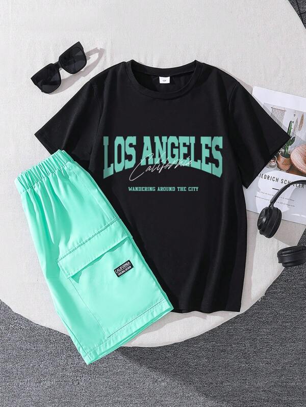 Conjunto de camiseta de manga corta con estampado gráfico de letras y pantalones cortos tejidos con bordado de letras para niño preadolescente