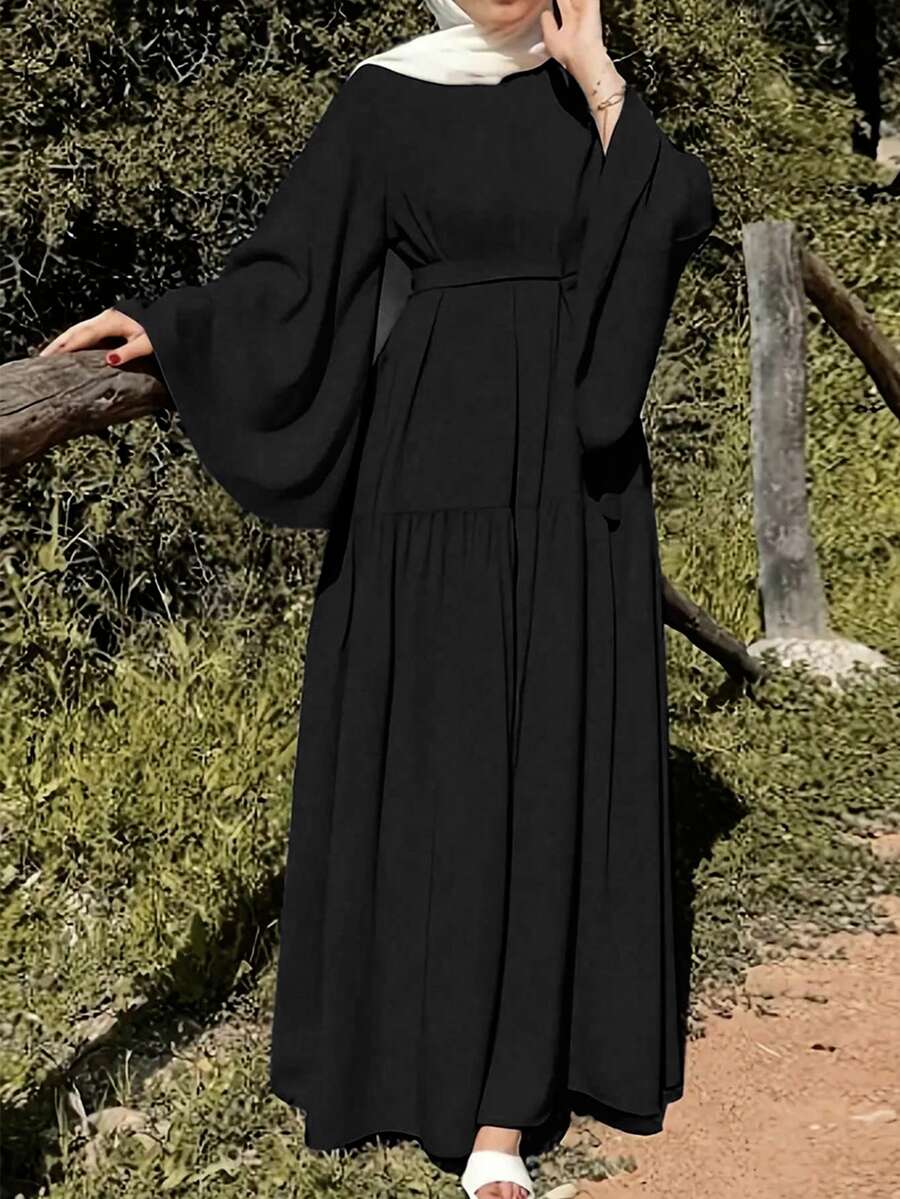 斋月系腰褶皱连衣裙，优雅长袖纯色长裙，女款