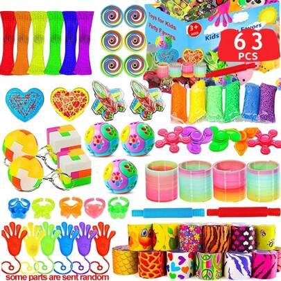 63 Piezas de obsequios para fiestas infantiles a granel, juguetes antiestrés, regalos de recompensa, caja del tesoro, regalo de cumpleaños, rellenos de calcetines navideños, premios de carnaval, rellenos de piñatas, rellenos de bolsas de fiesta, regalos de relleno de bolsas, estilo de color aleatorio