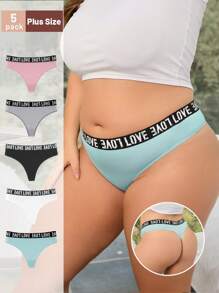 5 pièces Femmes grande taille Style Sport Taille Haute Élastique Strings V, Culotte Triangle Sexy Simple Confortable Respirante, Lettre Taille Large Plus grande taille Fitness Yoga, Ensemble Combiné de Culottes