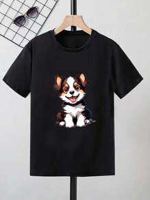 Toddler Boys' Fashionable Dog Print Round Neck Short Sleeve Casual T-Shirt, Simple & Versatile - Black - View 2