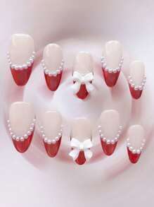 10pcs Pure Handmade Medium Size Press-On Nails Almond, Simple Style Nails, White Nails French Tip Nails, Three-Dimensional Pearl Bow Nail Decorations, Mother-Of-Pearl Threaded Nail Adhesive, Gel Nail Sets, Spring Nails, Summer Nails, Fake Nails For All Occasions With Clothes To Use, Nail Art, 2025 New Nails, Nails Press On, European And American Nails, Modern Japanese Nails - Red - View 24