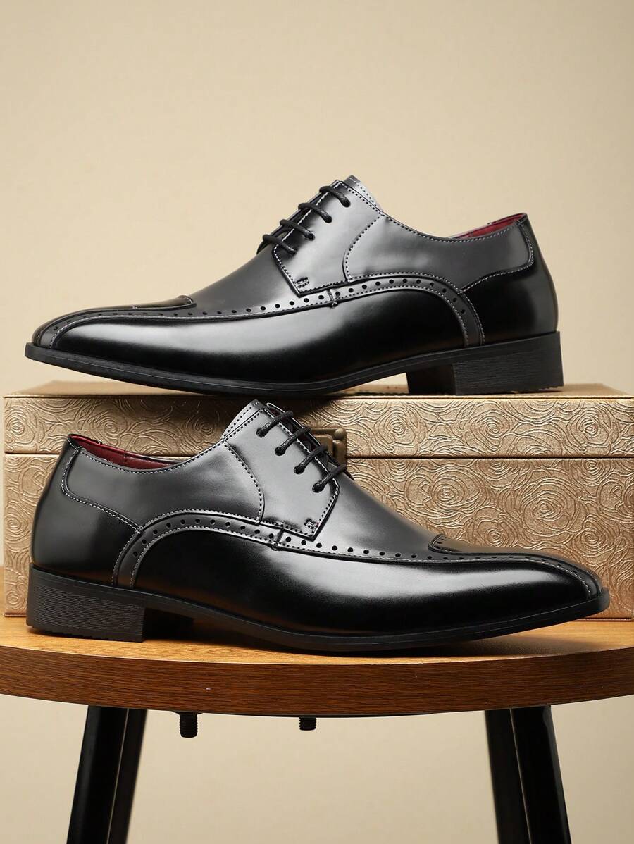 男士布洛克雕花尖头商务正装鞋，新款拼色系带软底皮鞋，英伦风格