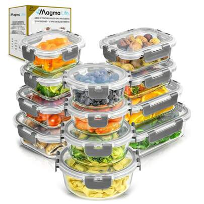  MAGMA LIFE Contenedores de vidrio para alimentos. Juego de 24 Piezas, 12 Contenedores de Vidrio Y 12 Tapas, Herméticos, Tapas de Cierre Fácil, Refractarios Resistentes Aptos para Horno, Microondas, Refrigerador, apilables.