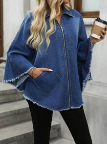 Women Loose Denim Jacket With Poncho Style, Casual Oversized - Dark Wash - View 3