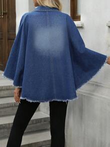 Women Loose Denim Jacket With Poncho Style, Casual Oversized - Dark Wash - View 6