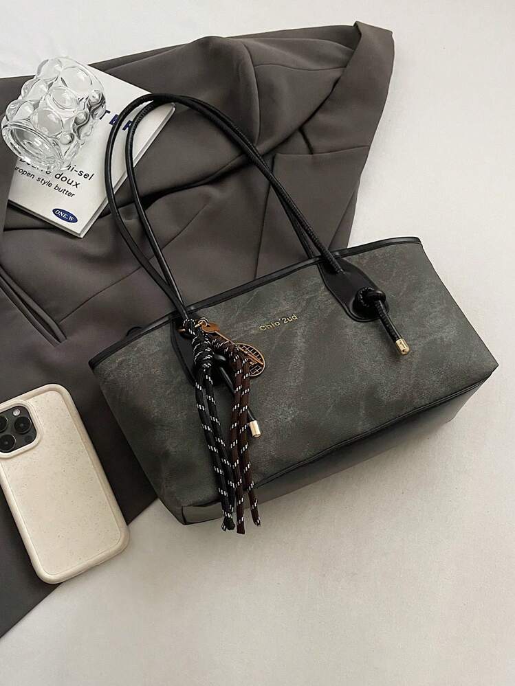 Solid Color PU Leather Retro Simple Versatile Women's Tote Bag, Large Capacity Daily Travel Must-Have Tote, Old Money - Black - View 7