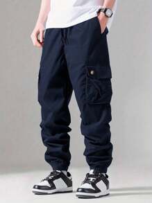 Shendy Vendy Pantalones Jogger Con Puños Y Cintura Elástica Con Cordón Y Bolsillos Inclinados Sueltos Para Hombre - Azul Cadete - Ver 1