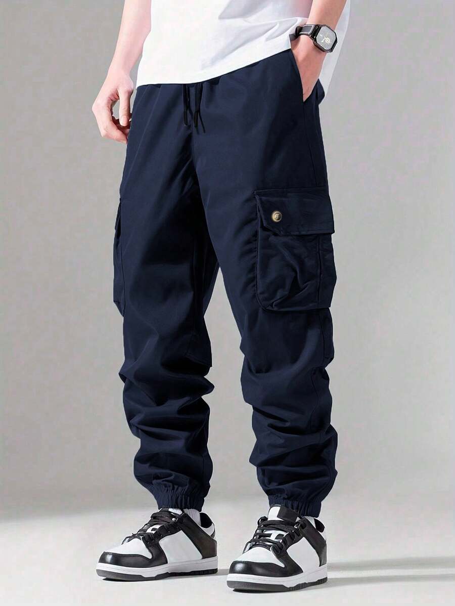 Shendy Vendy Pantalones Jogger Con Puños Y Cintura Elástica Con Cordón Y Bolsillos Inclinados Sueltos Para Hombre - Azul Cadete - Ver 1