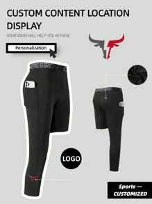 定制图案男士字母织带篮球紧身短裤内衣运动训练九分裤健身透气高弹压缩裤跑步锻炼黑色 - 黑色 - 查看 1