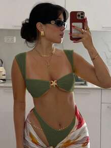 Bộ bikini nữ màu xanh quân đội gợi cảm, dây đeo rộng, họa tiết sao biển, hàng mới về, thích hợp cho bãi biển, kỳ nghỉ, tiệc tùng, hẹn hò, du lịch mùa hè. - màu xanh lá - Xem 1