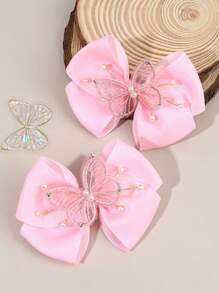 2pcs Sweet Butterfly Hair Bow Clips For Toddlers Girls ,Lace Butterfly Decor Hair Bows ,Exquisite Faux Pearls Decor Hair Pins ,Alligator Clips ,Kids Teens Hair Accessories ,Suitable Daily Life ,Vacation (Beige /Pink ) - Multicolor - View 11