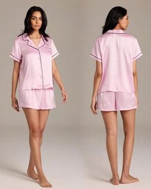 Bebe Pajama Set For Women, Stretch Rayon Knit Short Sleeve PJs For Women Set, Ladies Pajamas Sets - 淺粉紅色 - 查看 3