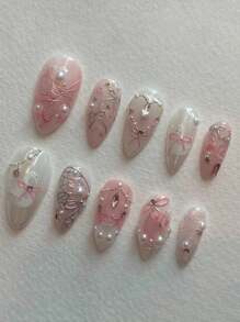 10 件手工制作的欧美风格按压式指甲，带有 3D 花卉、珍珠、海螺、光泽和裸白色双色短杏仁形假指甲，适合女性和女孩的礼物美甲用品 - 彩色 - 查看 3