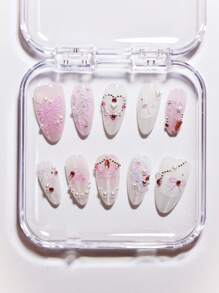 10 件手工制作的欧美风格按压式指甲，带有 3D 花卉、珍珠、海螺、光泽和裸白色双色短杏仁形假指甲，适合女性和女孩的礼物美甲用品 - 彩色 - 查看 9