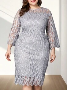 Vestido midi ajustado de manga larga con encaje para mujer, de talla grande, para cóctel, noche y fiesta - Plateado - Ver 3