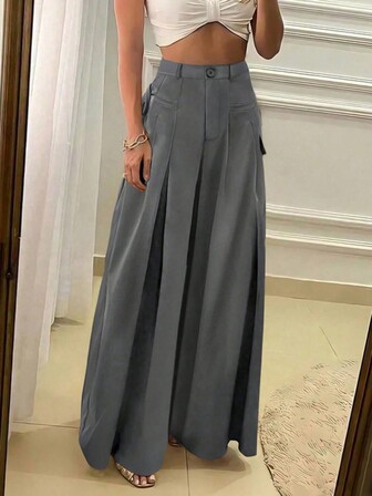 Women's Commute, Casual, Design Sense Front Pocket Pleated Bowknot Waist Solid Color Wide Leg Pants Suit Trousers, Autumn