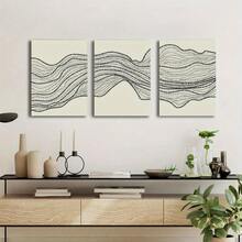 Mid Century Retro Art Dark Brown Wavy Lines Boho Style Minimalist Geometric Abstract Shape Print - Home Room Decor Wall Art With Frame