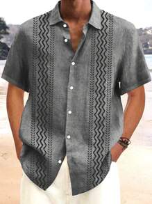 Vintage Bohemian Geometric Texture Printed Plus Size Button-Pocket Short Sleeve Shirt For Men - Grey - View 1