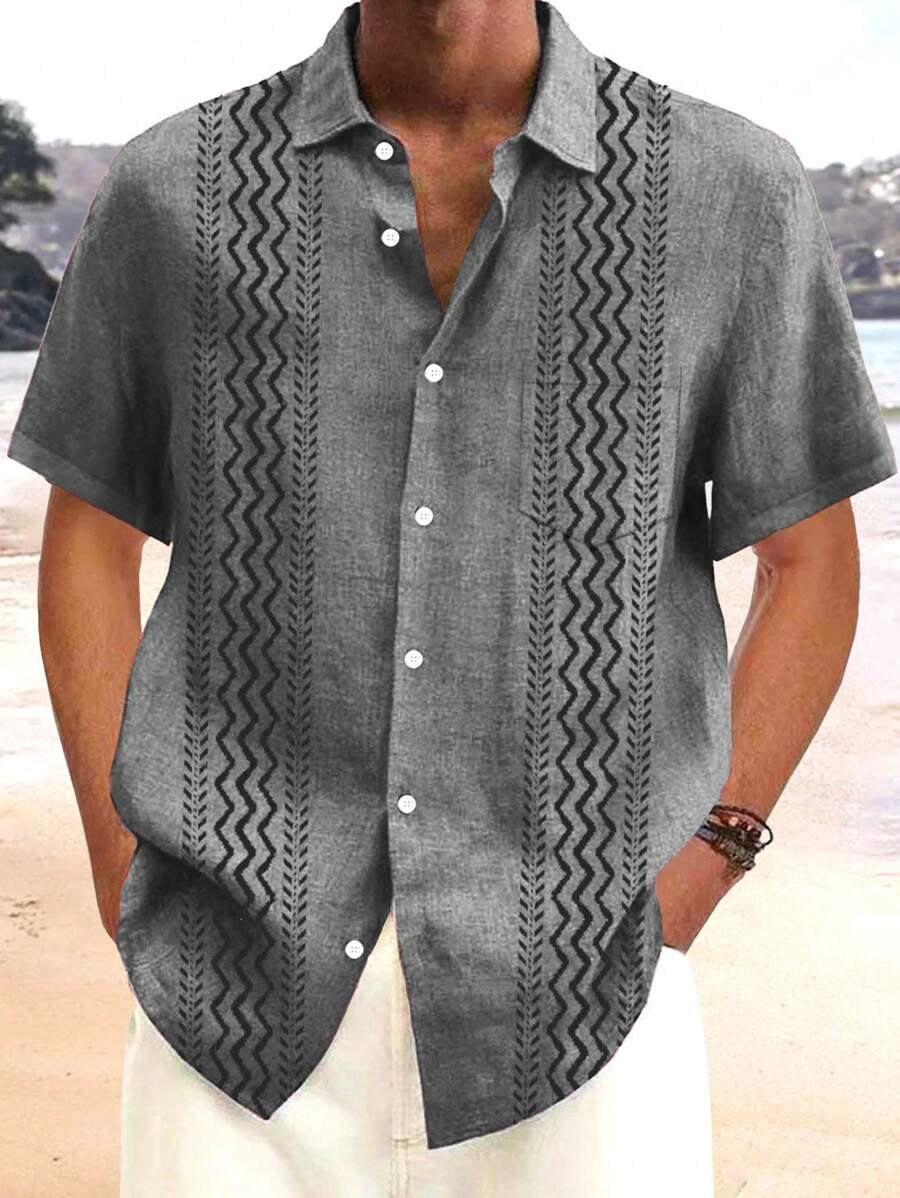 Vintage Bohemian Geometric Texture Printed Plus Size Button-Pocket Short Sleeve Shirt For Men - Grey - View 1