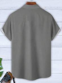 Vintage Bohemian Geometric Texture Printed Plus Size Button-Pocket Short Sleeve Shirt For Men - Grey - View 2