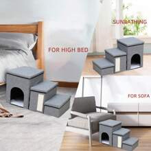 3 Steps Portable Dog Puppy Ladder Doggy Pet Soft Stairs Ramp Storage Boxes - Grey - View 3