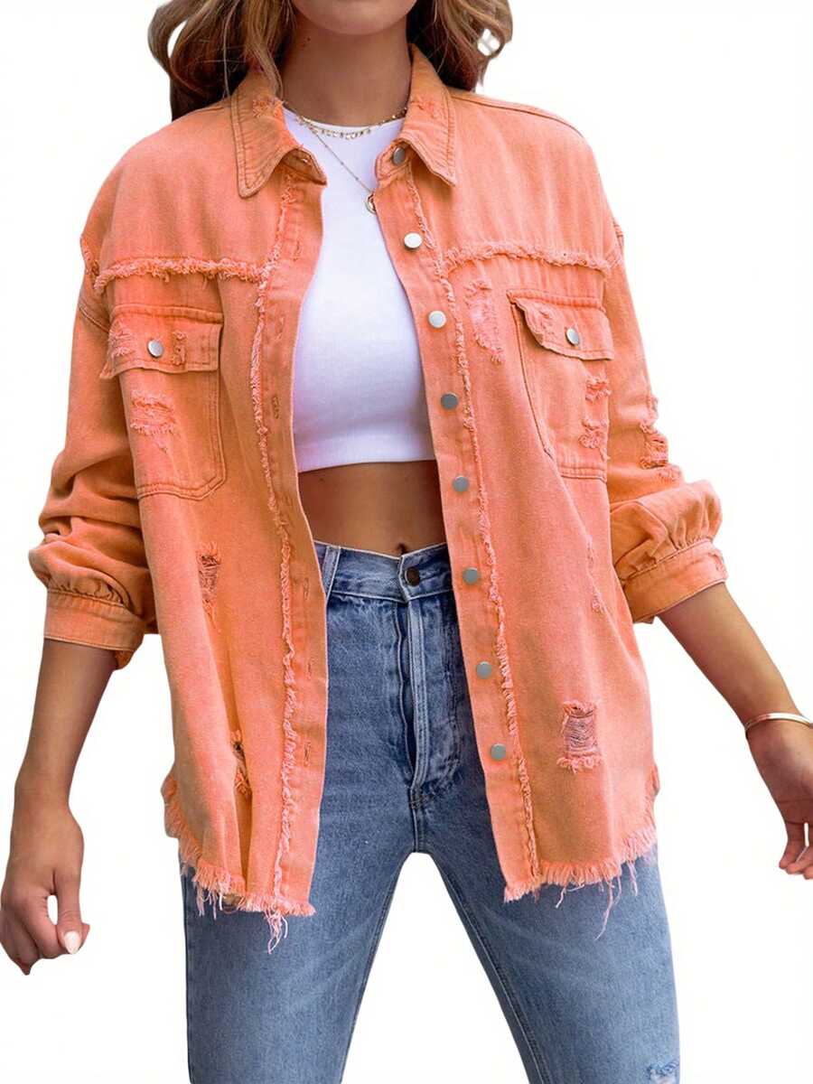 Women's Ripped Distressed Denim Jacket Long Sleeve Button Down Boyfriend Jean Coat Trucker Jacket - Orange - View 1