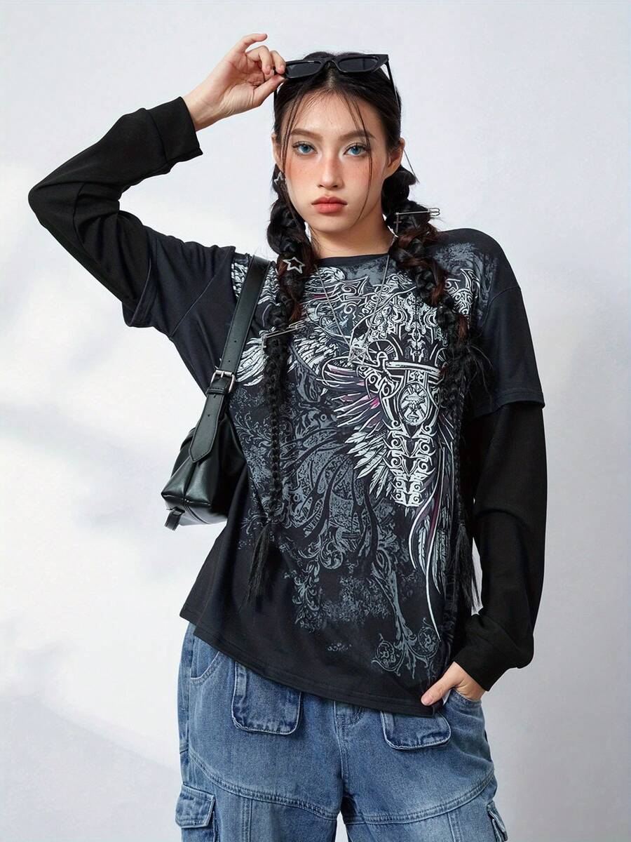 Women Grunge Tops Long Sleeve Round Neck Graphic Print Loose T-Shirts Fake Two-Piece Streetwear Tops - Black - View 1
