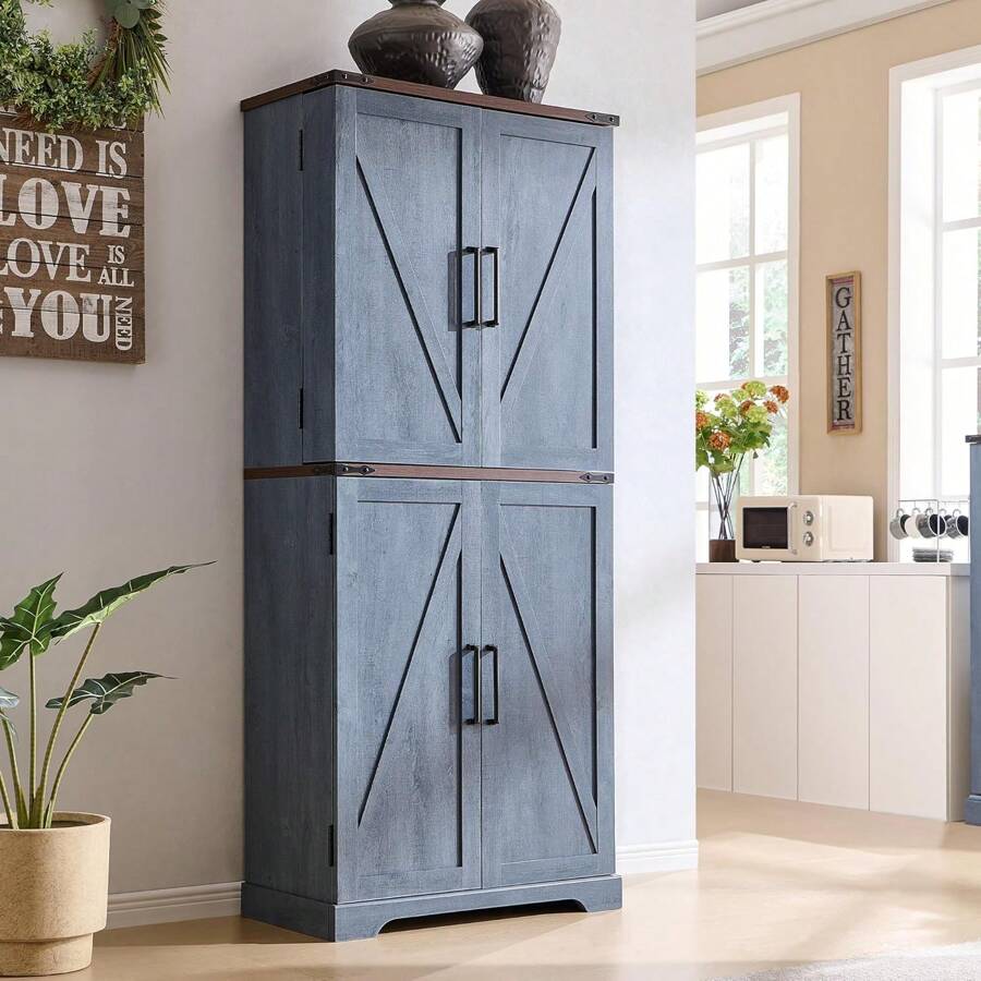 72" Tall Storage Cabinet, Farmhouse Kitchen Pantry Cabinet With Organizer And 4 Barn Doors, Storage Cabinet For Kitchen, Dining Room, Living RoomFor Kitchen, Dining Room, Bathroom