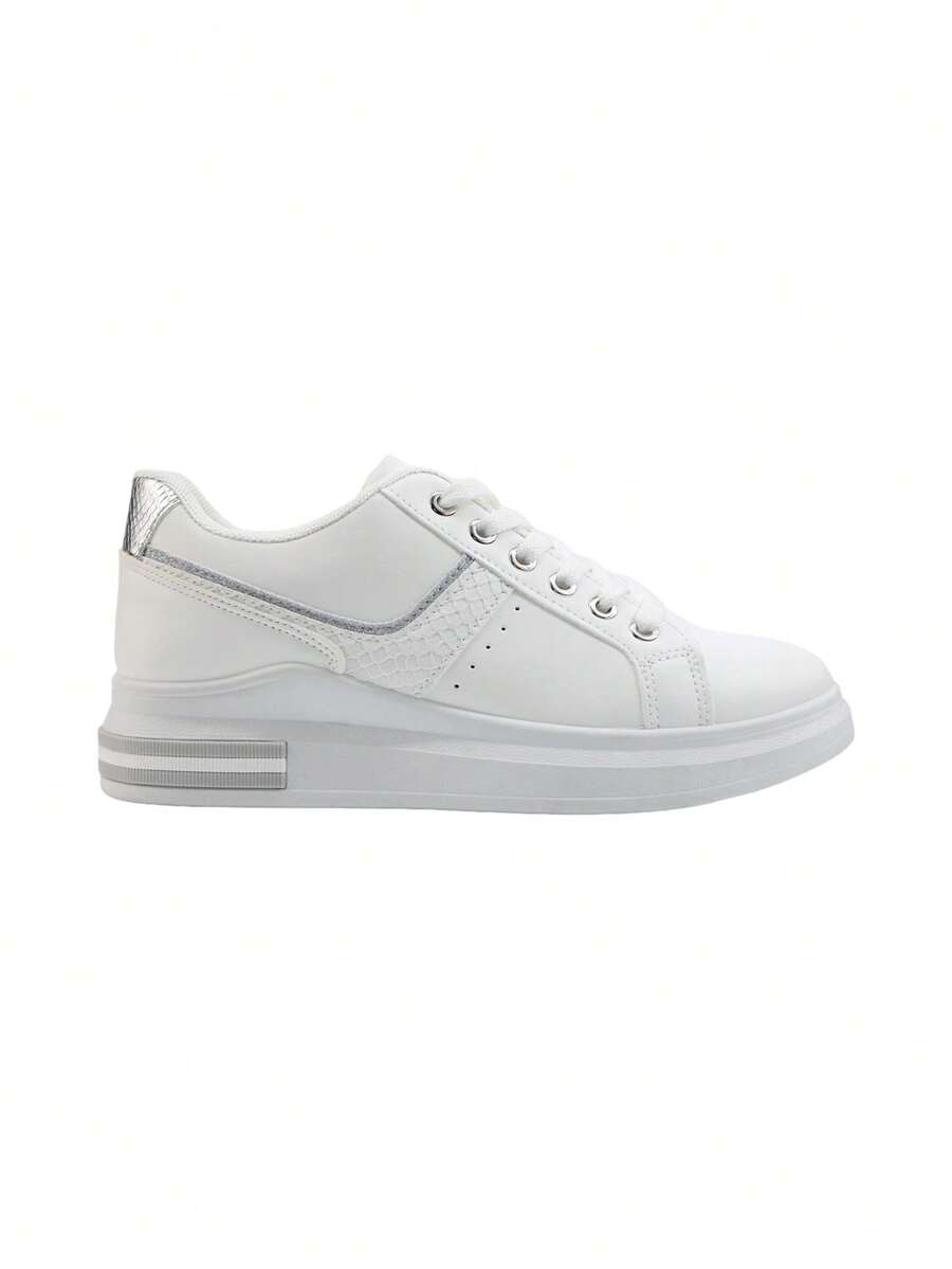 Retro Elegant Luxury Sequin Colorblock Snakeskin Embossed Casual Comfortable Sports Sneakers - White - View 1