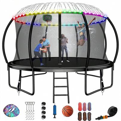 Fiziti 10FT 12FT 14FT Trampoline For Ki Ds And Adults, Recreational Outdoor Trampolines With Enclosure Net, Ladder, Bonus Sprinkler And LED Lights, Christmas Gifts