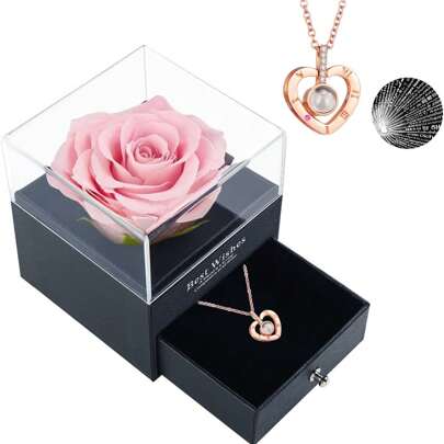 1PC Preserved Real Rose With I Love You Necklace In 100 Language, For Her, Girlfriend, Eternal Real Rose Flower Gifts For Women Mom Wife On Valentines Birthday Anniversaries Graduation