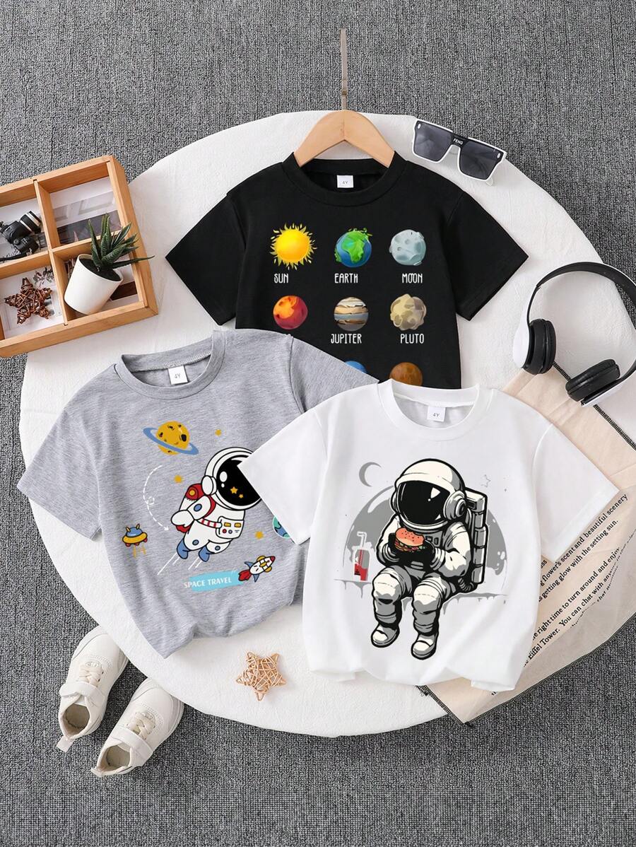 3pcs/Set Young Boy Casual Everyday Minimalist Letter Graphic Print Short Sleeve Tee