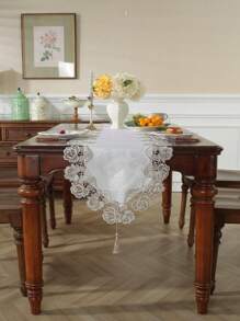 1PC White And Two Color Peony Flower Lace Table Runner, Table Runner, Decorative Tablecloth For Dining Table, Desk, Coffee Table, Dresser, Interior Decoration, Seasonal Decoration, Home, Party, Wedding, Outdoor Furniture - White - View 3