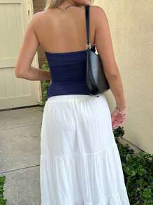 Women Tube Tops Solid Color Slit Strapless Tank Tops Summer Backless Bandeau Shirts Streetwear - Navy - View 5