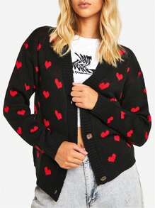 Women Fall Knit Cardigan Sweater Long Sleeve V-Neck Botton Sweater Coats Cute Heart Graphic Tops For Valentine's Day