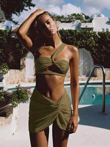 Set de 3 piezas de bikini sexy de hombros descubiertos, al estilo europeo y americano, para vacaciones de verano en la playa