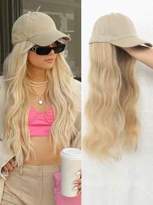 (Beige Cap + Golden Wig) Baseball Cap With 26-Inch Wavy Synthetic Hair Wig, Adjustable Cap Size, Suitable For Women And Girls - Blonde Highlight - View 9