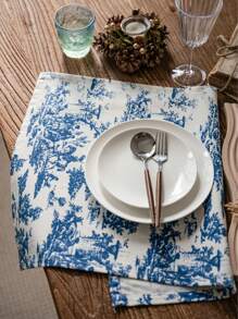 法式奢华复古风格蓝色印花矩形餐巾，适合节日派对、生日聚会、桌布装饰、四季皆宜 - A - 查看 3