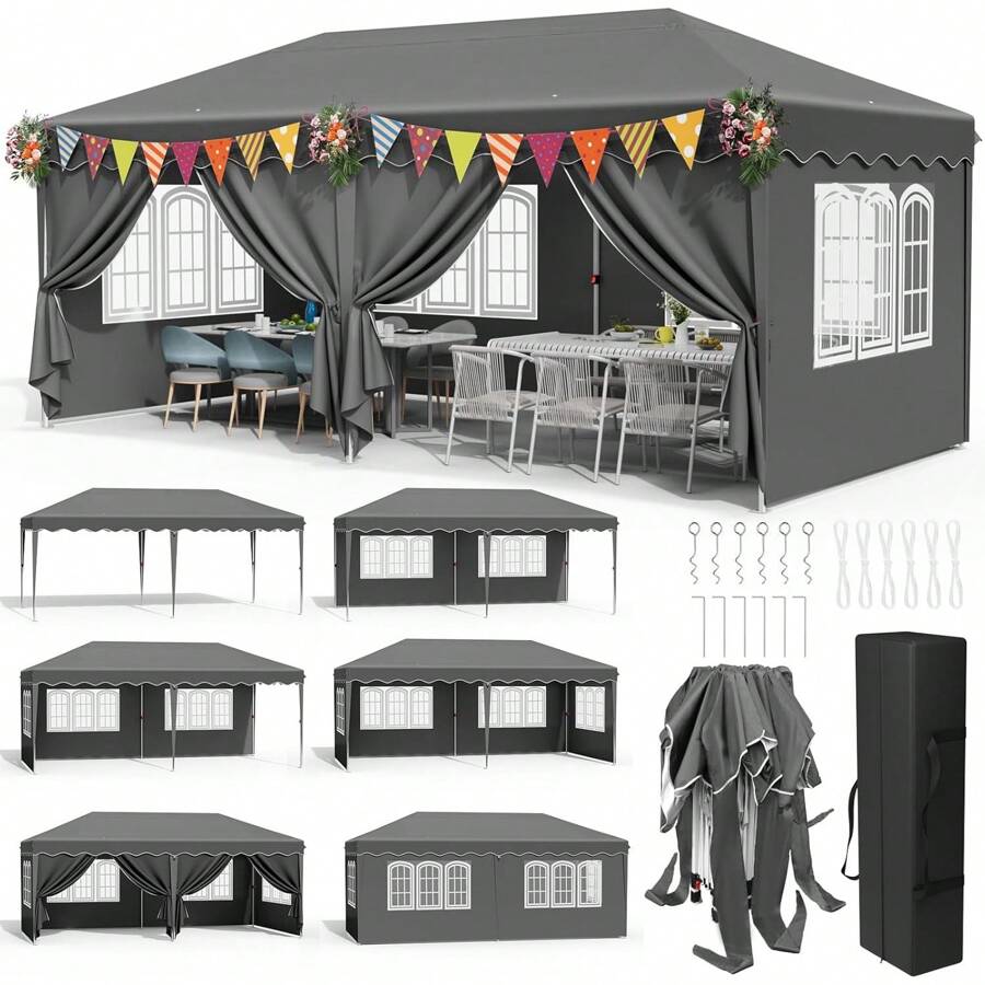 Folding Gazebo 3x6m, 420D Oxford Gazebo 3x6 Waterproof, Stable, Winterproof, Garden Tent With 6 Side Panels, Garden Gazebo Height Adjustable, UV Protection 50+ - Grey - View 1