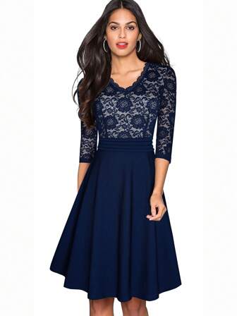 Women's Chic V-Neck Patchwork Flare Party Dress