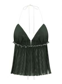 Women's Split Front Halter Tops Ruffle Detailing Backless Slim Fitted Crop Camisole - 軍綠色 - 查看 5