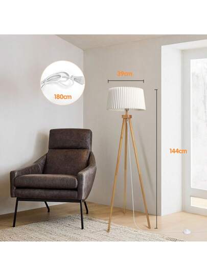 1pc Vintage Wooden Leg Vloer Lamp Foldable Wit Linen Lampshade, Foot Switch, Compatible E27 Bulb (Max 60W), Nordic Living Room Bedroom Lighting view 4