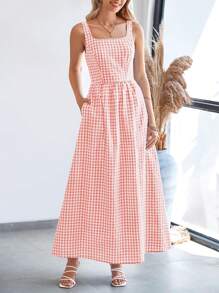 Women's Summer Long Skirt With Waist Waist And Thin Shoulders Plaid Square Collar A-Line Pleats Casual Holiday Sundress - 粉色 - 查看 5