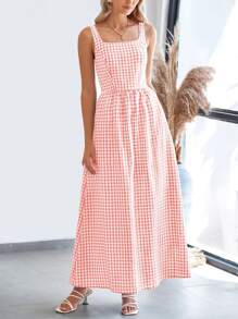 Women's Summer Long Skirt With Waist Waist And Thin Shoulders Plaid Square Collar A-Line Pleats Casual Holiday Sundress - 粉色 - 查看 4